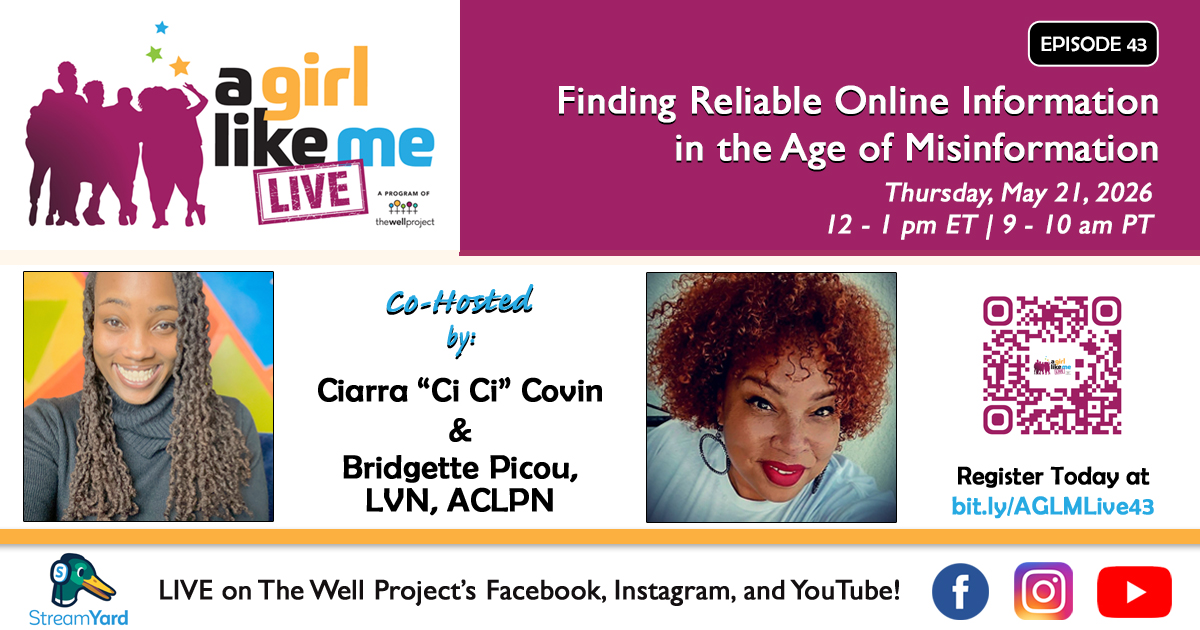 Flyer for A Girl Like Me LIVE event with headshots of Ciarra "Ci Ci" Covin and Bridgette Picou, as well as event details and a QR code to register.