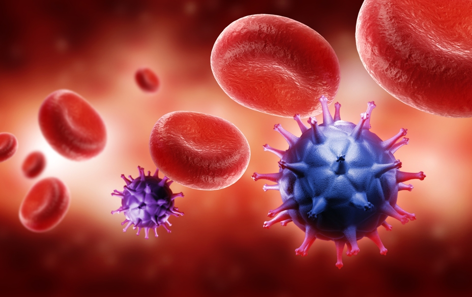 3D illustration of viruses and red blood cells.