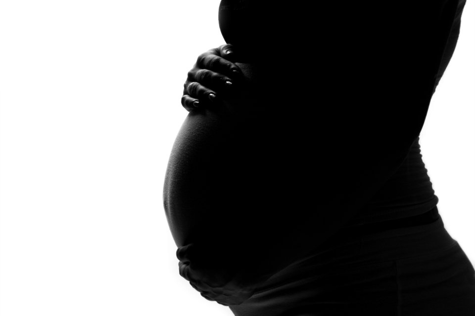 Silhouette of a pregnant woman's belly, her hands cradling it.