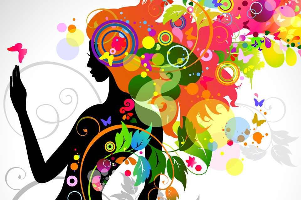 Illustration of silhouette of woman with colorful hair, shapes, leaves and butterflies around her.