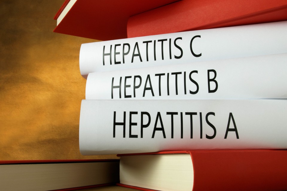 Stack of six books, three of which are labeled "Hepatitis A", "Hepatitis B", and "Hepatitis C". 