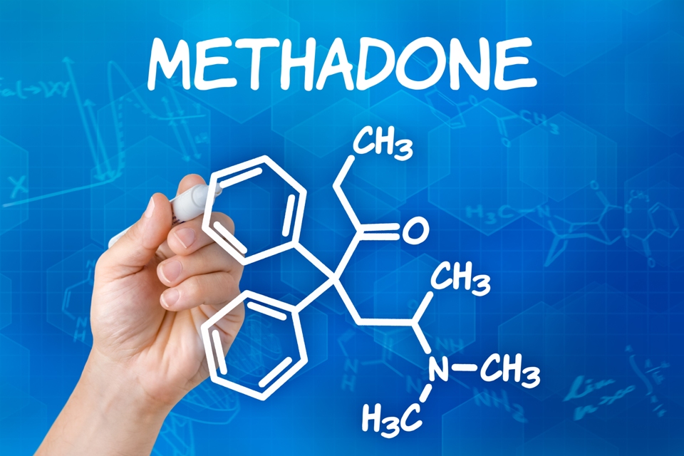 Hand drawing methadone molecule and the word "Methadone".