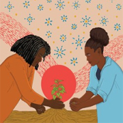 Illustration of two women planting a seedling.