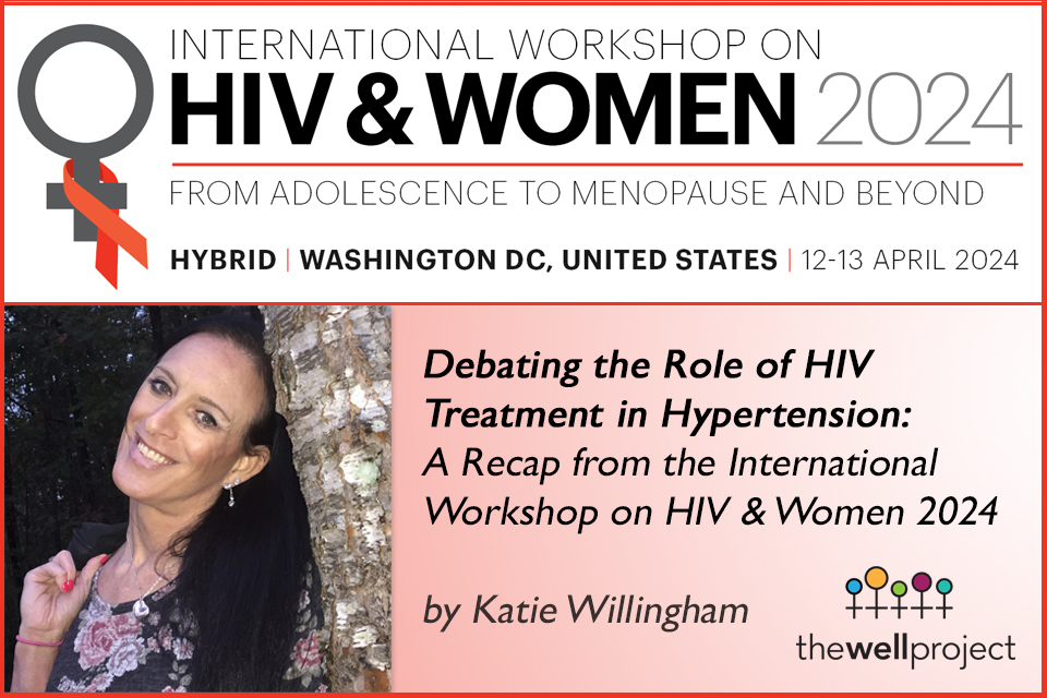Headshot of Katie Willingham and logos for The Well Project and International Workshop on HIV &amp; Women.