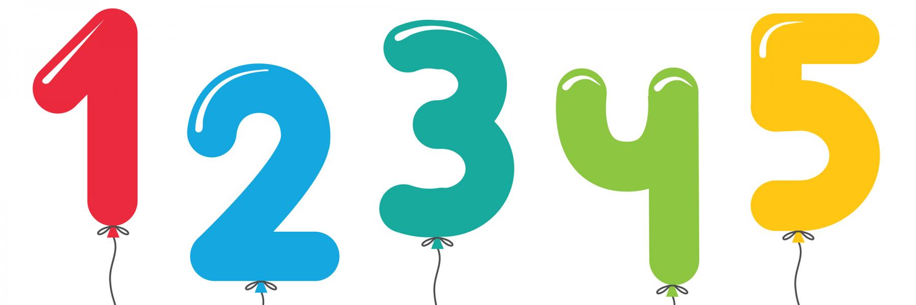 Balloons shaped like the numbers, 1, 2, 3, 4, and 5.