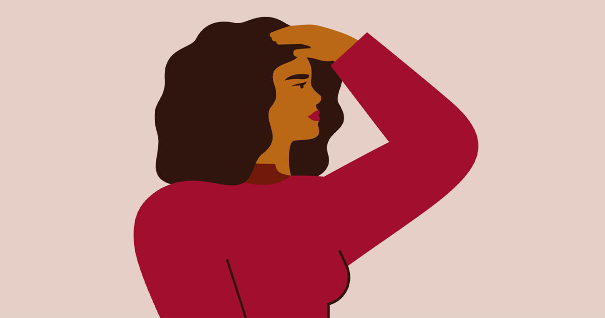 Illustration of a woman in profile, one hand on her head.