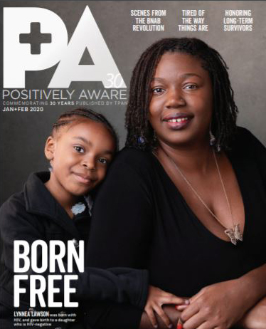 Cover of Positively Aware magazine with Lynnea Lawson and child, and words "Born Free".