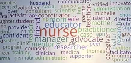 Word cloud including words "nurse", "educator", "researcher", "clinician", "spouse", etc.