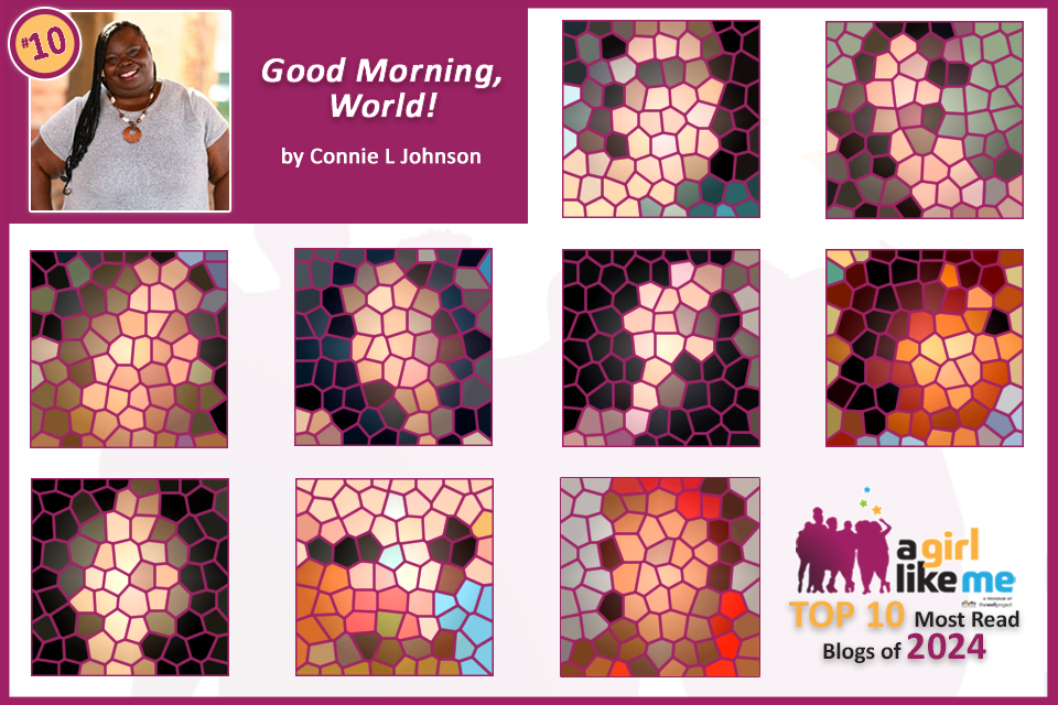 Squares of headshots (some blurred, some visible) representing A Girl Like Me bloggers with the top 10 most viewed blogs of 2024.