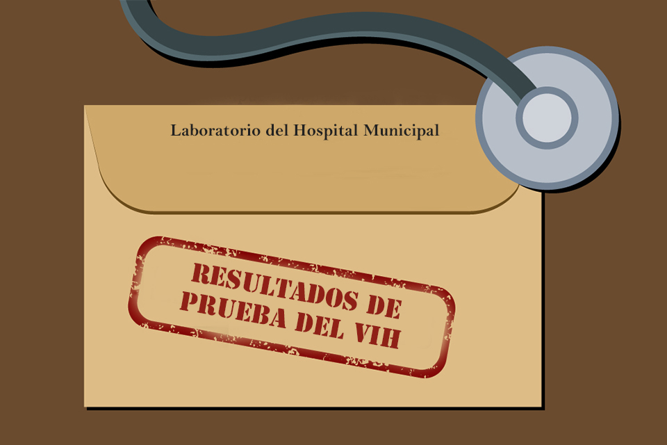 Sobre del hospital con un sello rojo que dice Resultados de la prueba del VIH dentro del borde rojo.