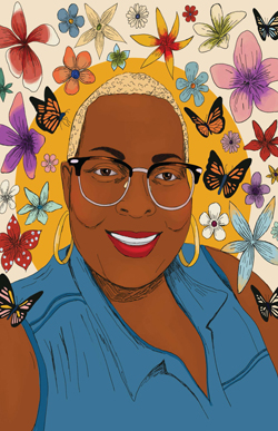 Colorida ilustración de Jay con mariposas y flores a su alrededor.