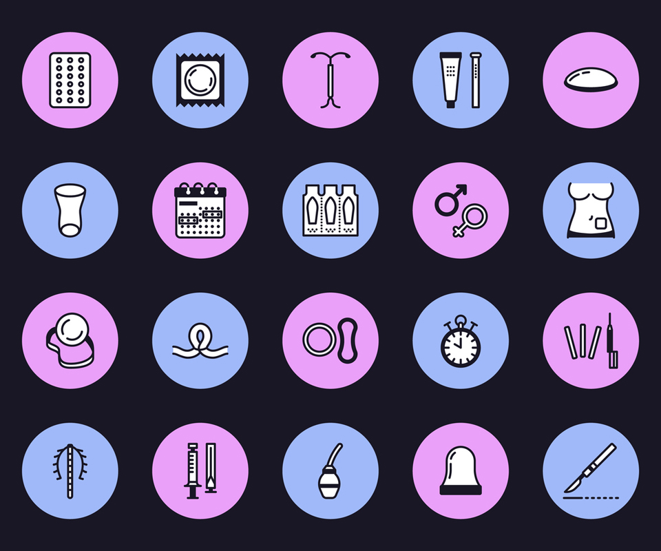 Illustrative graphic showing various contraceptive methods symbols.