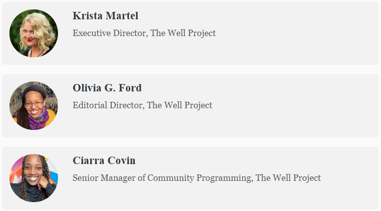 Headshots and job titles for The Well Project's Krista Martel, Olivia G. Ford, and Ciarra Covin.