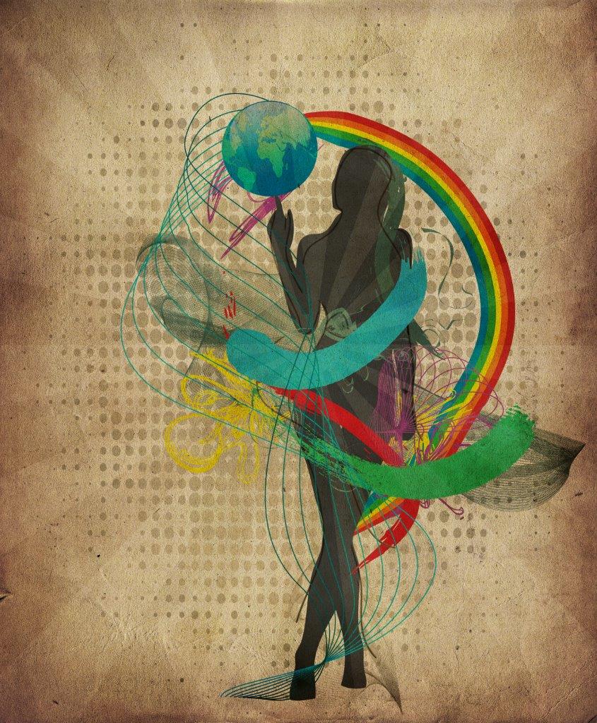 Abstract illustration of woman with globe on her finger.