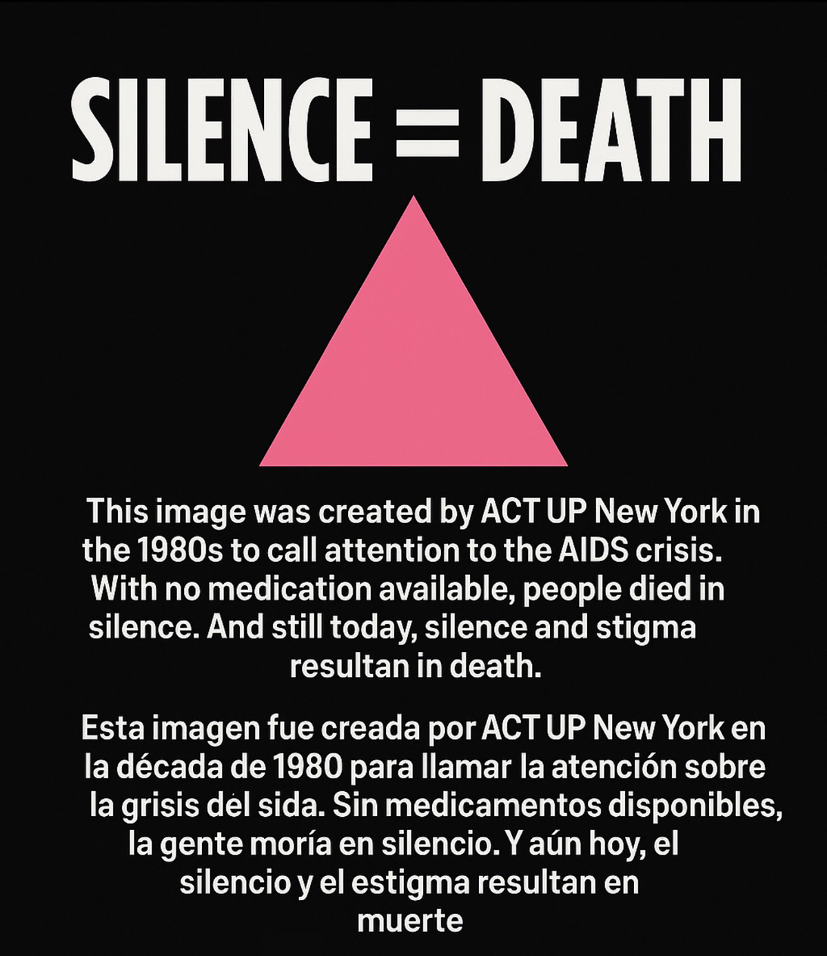 Graphic that reads "Silence = Death" on a black background with a pink triangle.