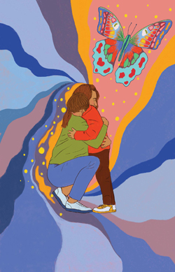Colorful illustration of a mother and son hugging, with a butterfly flying overhead.