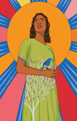 Colorida ilustración de una mujer con un pájaro azul parado en su mano, con el sol detrás de ella.