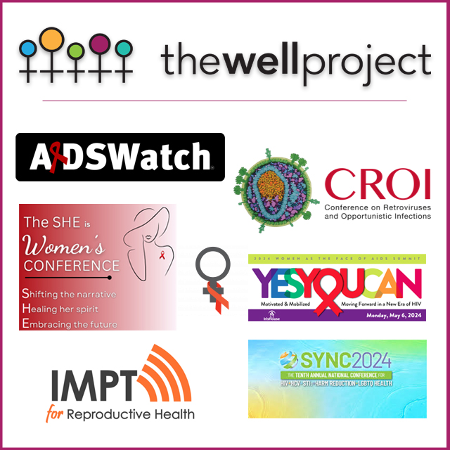 Collage showing logos for various HIV conferences and The Well Project logo.