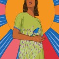 Colorful illustration of a woman with a bluebird standing on her hand and the sun behind her.