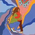 Colorida ilustración de una mujer y su hijo abrazándose con una mariposa sobre ellos.