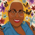Colorful illustration of Jay with butterflies and flowers all around her.