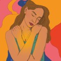 Colorful illustration of a woman hugging herself.