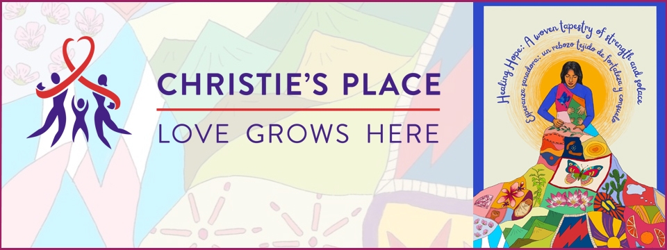 Christie's Place logo and colorful illustration of a woman sewing a quilt.