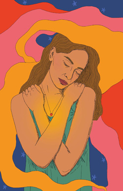 Colorful illustration of a woman hugging herself.